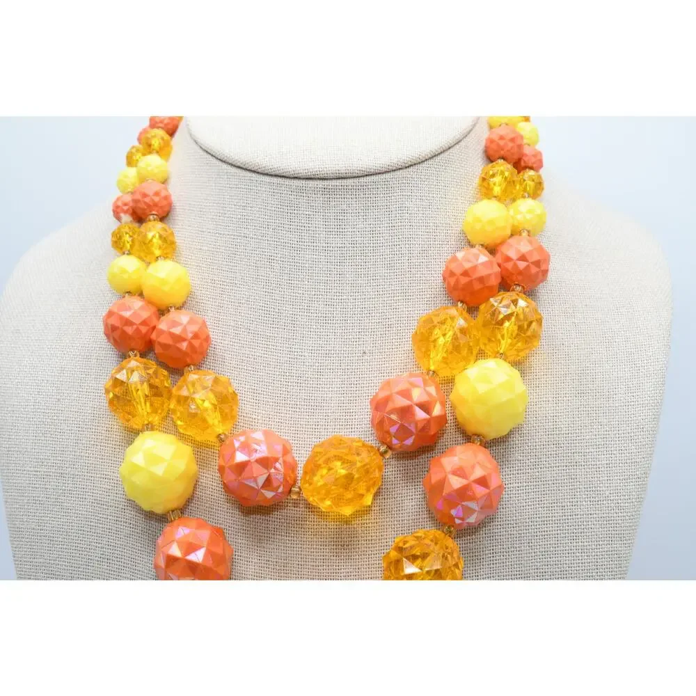 Vintage West Germany Lucite Necklace Double Strand Orange Yellow Faceted